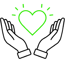 Grafik von zwei Händen, welche ein Herz zwischen sich schweben lassen